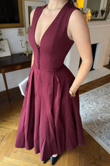 V Neck Tea Length A-Line Prom Dress with Pockets