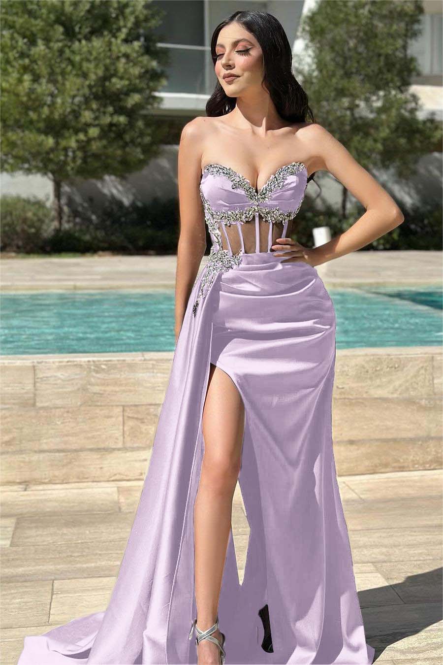 Stunning Black Strapless Long Prom Dress with Beading, Split and Pleated
