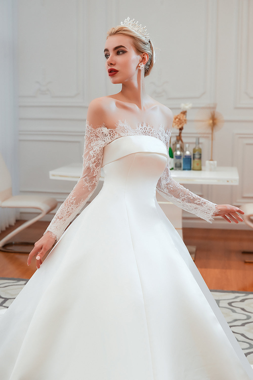 Stunning Off-the-Shoulder Long Sleeve A-Line Satin Wedding Dress with Lace