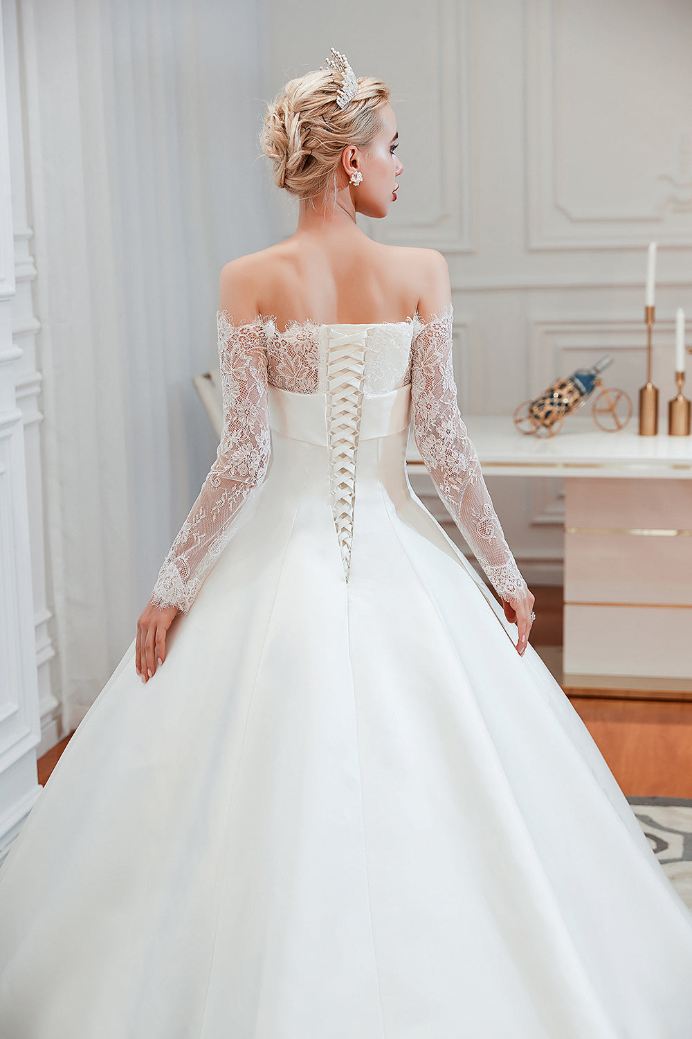 Stunning Off-the-Shoulder Long Sleeve A-Line Satin Wedding Dress with Lace