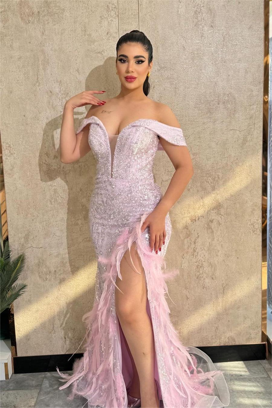 Stunning Off the Shoulder Long Prom Dress with Beading, Split and Feathers