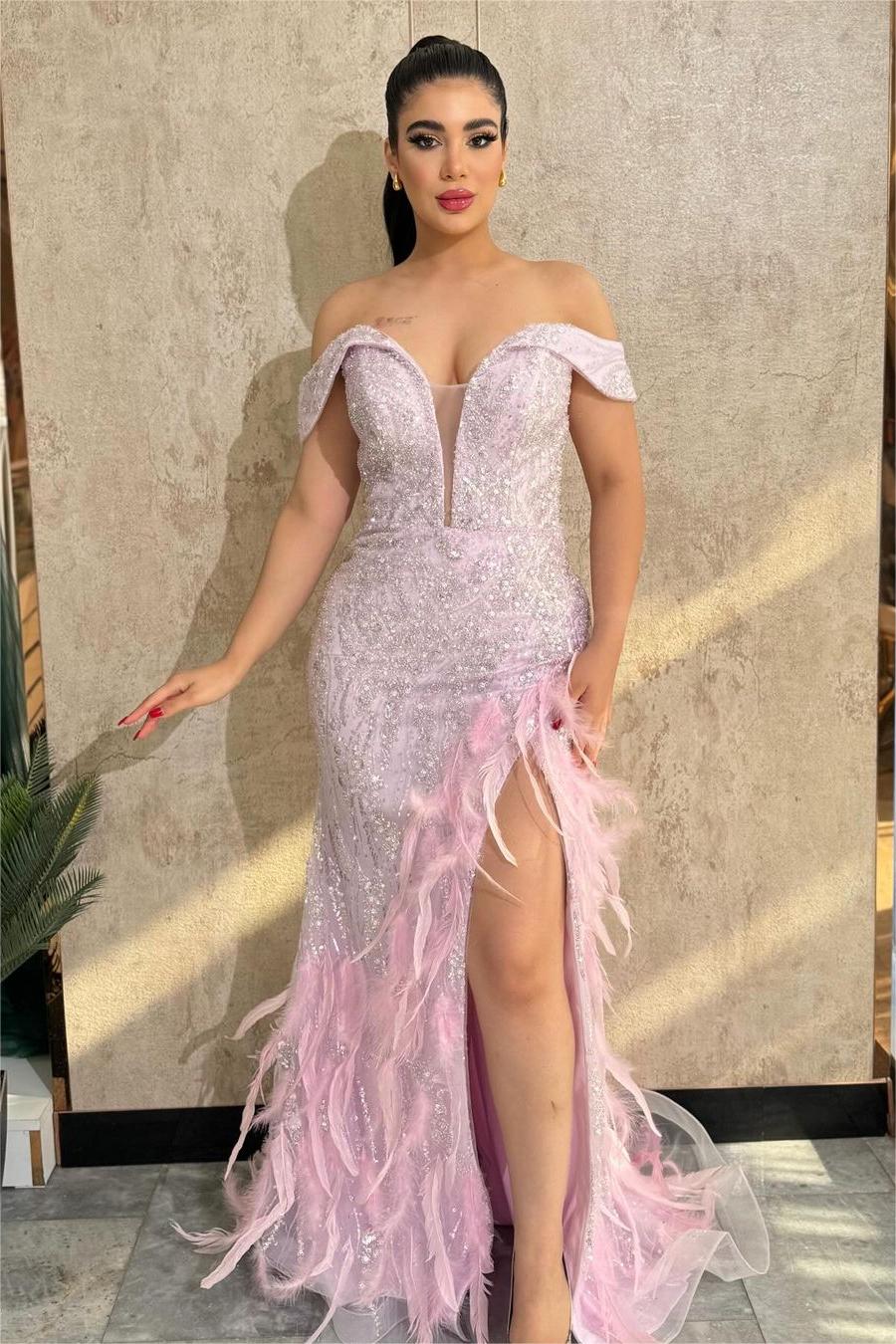 Stunning Off the Shoulder Long Prom Dress with Beading, Split and Feathers