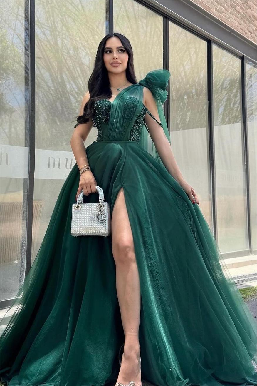 Stunning One Shoulder Tulle Long Prom Dress with Beading and Split