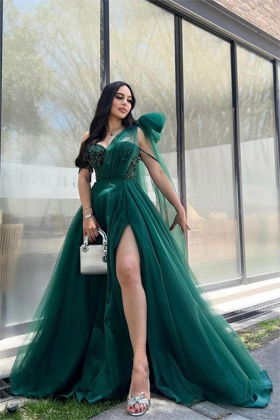 Stunning One Shoulder Tulle Long Prom Dress with Beading and Split