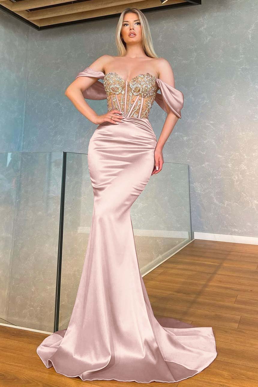 Stunning Pink Off the Shoulder Mermaid Long Prom Dress with Appliques