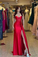 Stunning Red Spaghetti Strap Long Prom Dress with Split and Pleated