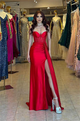 Stunning Red Spaghetti Strap Long Prom Dress with Split and Pleated