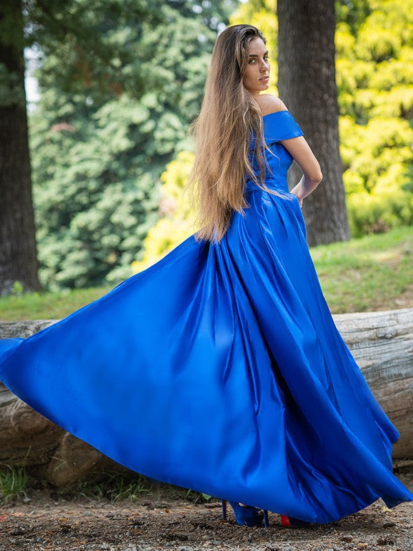 Stunning Royal Blue Off the Shoulder Long Prom Dress with Split