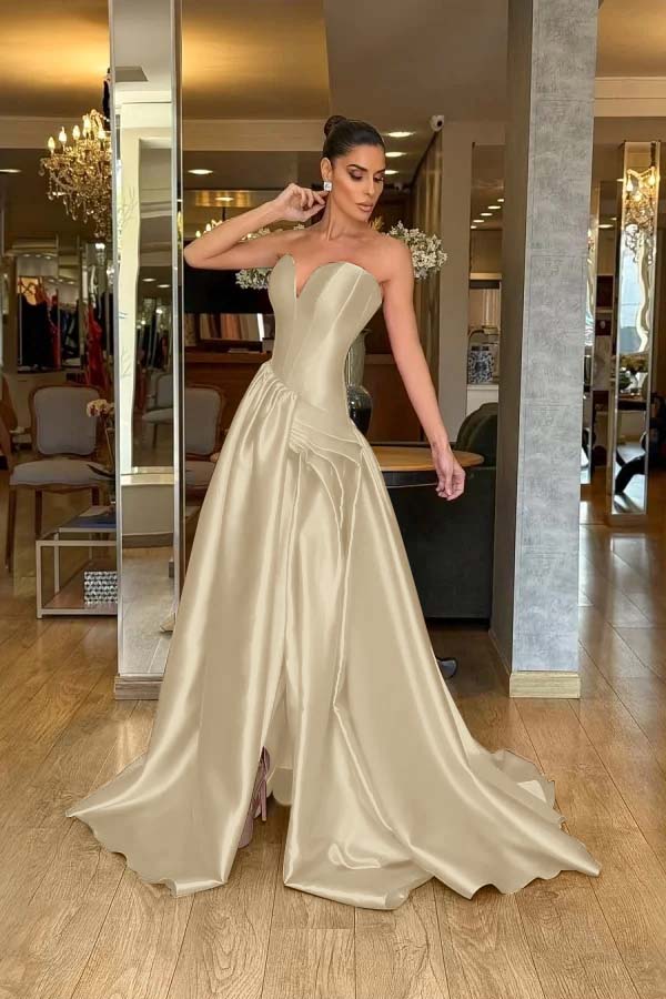 Stunning Strapless Long Split Prom Dress with Pleated