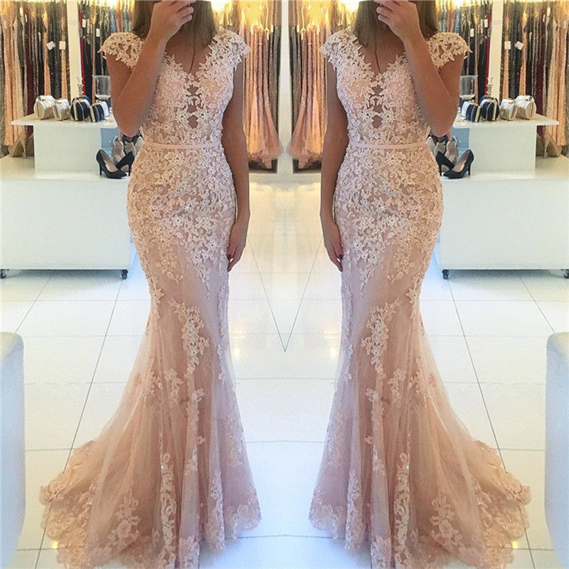 Tulle Cap Sleeve Mermaid Long Prom Dress with Appliques