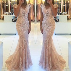 Tulle Cap Sleeve Mermaid Long Prom Dress with Appliques