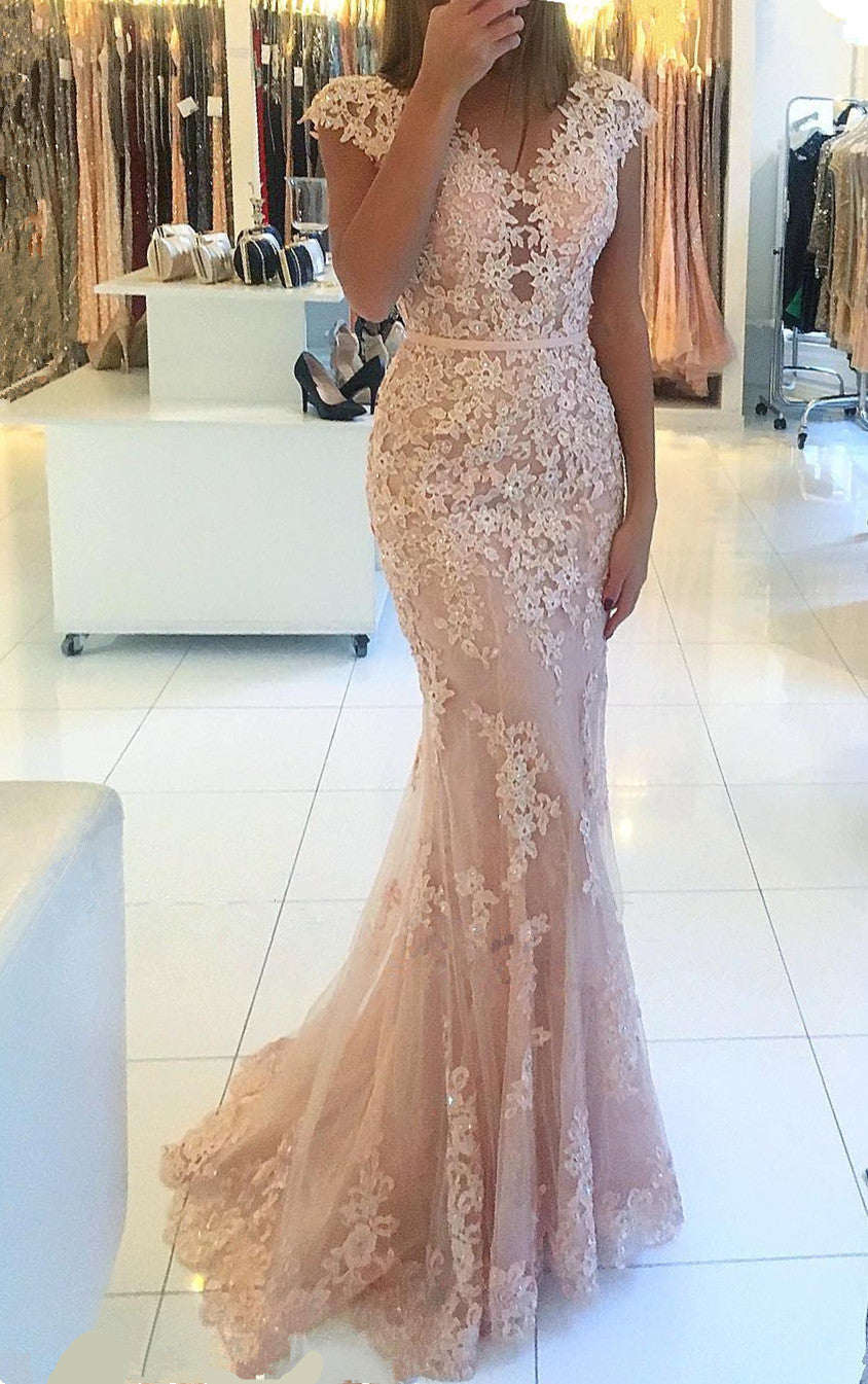 Tulle Cap Sleeve Mermaid Long Prom Dress with Appliques