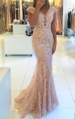 Tulle Cap Sleeve Mermaid Long Prom Dress with Appliques