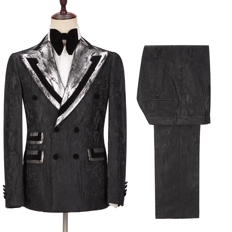 Stylish Black Double-Breasted Wedding Suit with Peaked Lapel for Groom