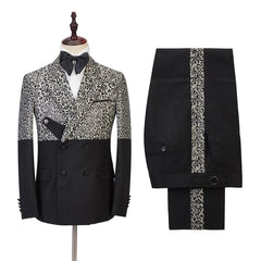 Stylish Black Leopard Print Double-Breasted Outfit for Men