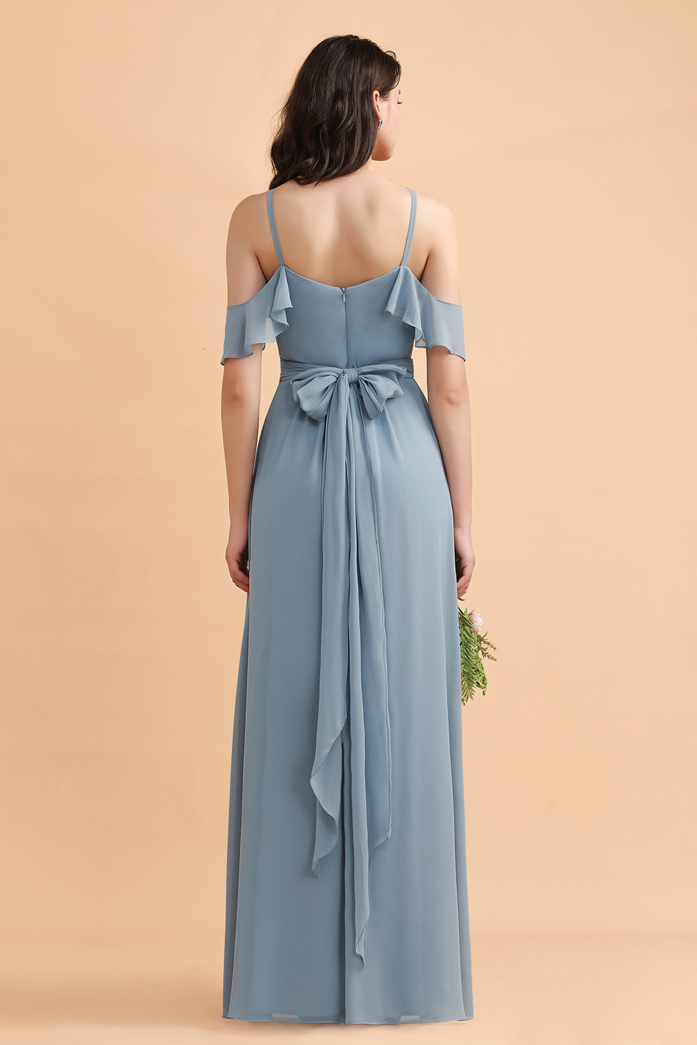 Stylish Cold-Shoulder Ruffles Chiffon Bowknot Bridesmaid Dress with Pockets On Sale-Babyonlines