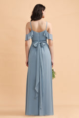 Stylish Cold-Shoulder Ruffles Chiffon Bowknot Bridesmaid Dress with Pockets On Sale-Babyonlines