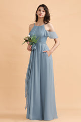 Stylish Cold-Shoulder Ruffles Chiffon Bowknot Bridesmaid Dress with Pockets On Sale-Babyonlines