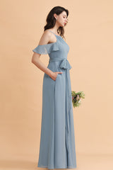 Stylish Cold-Shoulder Ruffles Chiffon Bowknot Bridesmaid Dress with Pockets On Sale-Babyonlines