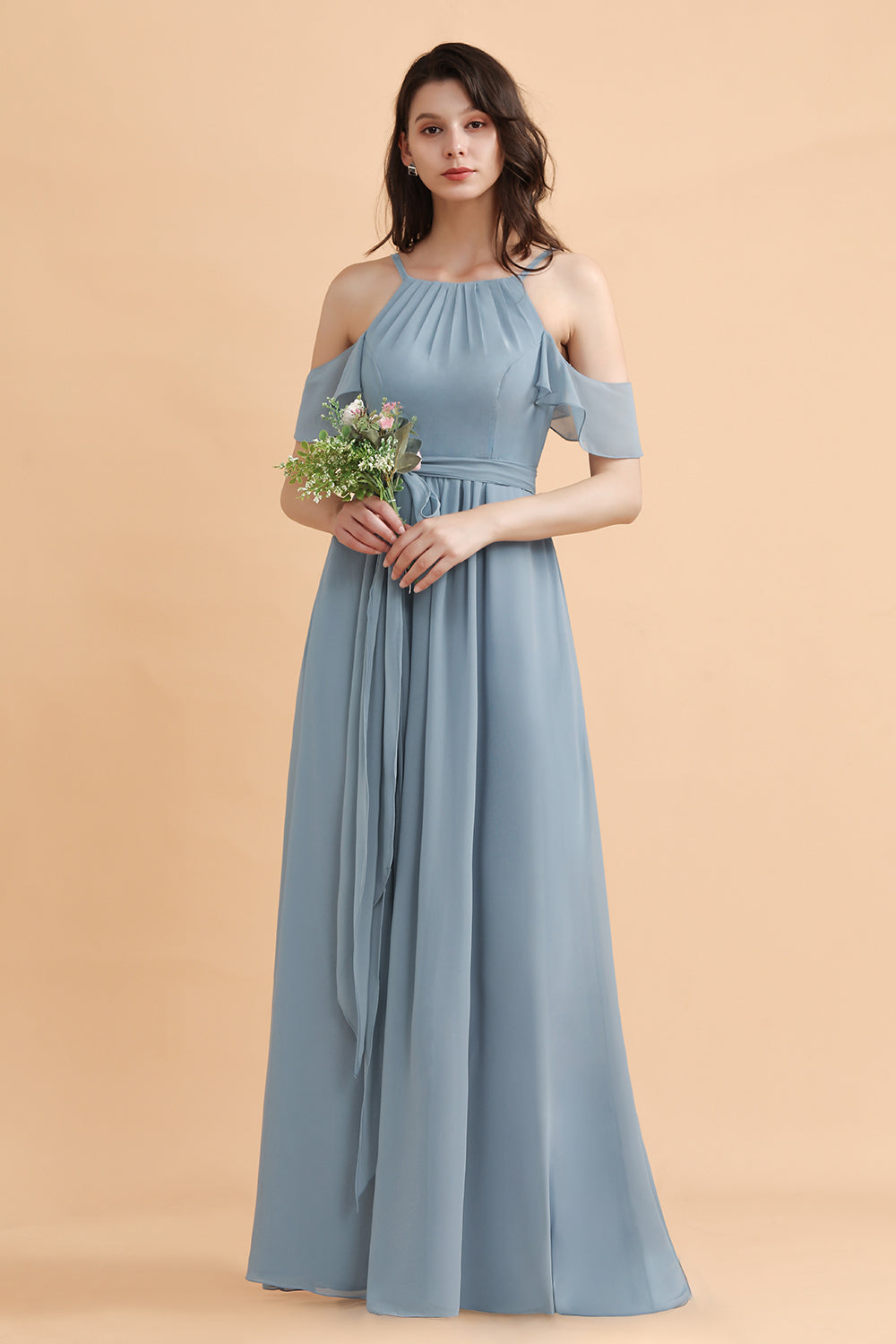 Stylish Cold-Shoulder Ruffles Chiffon Bowknot Bridesmaid Dress with Pockets On Sale-Babyonlines