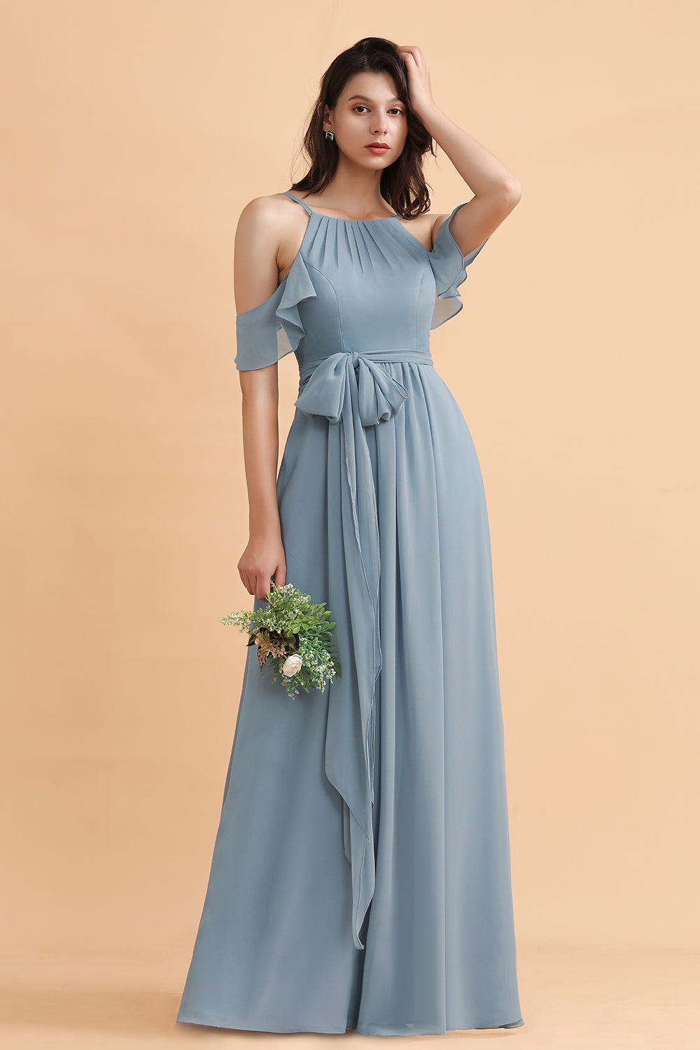 Stylish Cold-Shoulder Ruffles Chiffon Bowknot Bridesmaid Dress with Pockets On Sale-Babyonlines