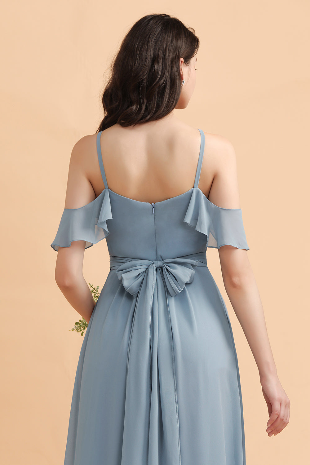 Stylish Cold-Shoulder Ruffles Chiffon Bowknot Bridesmaid Dress with Pockets On Sale-Babyonlines