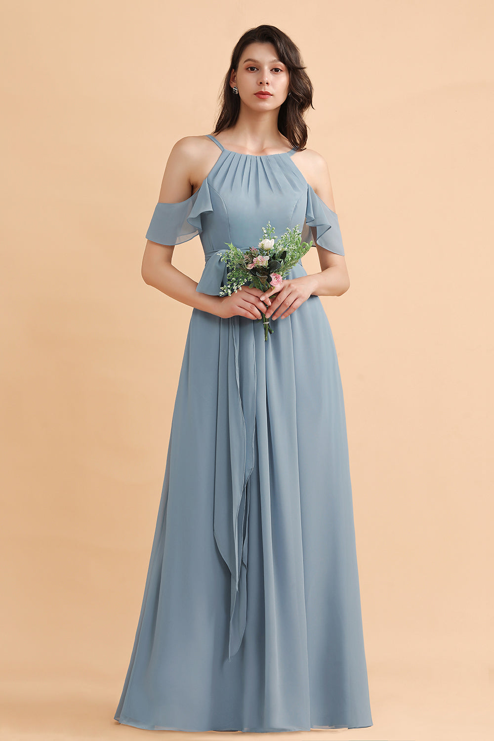 Stylish Cold-Shoulder Ruffles Chiffon Bowknot Bridesmaid Dress with Pockets On Sale-Babyonlines