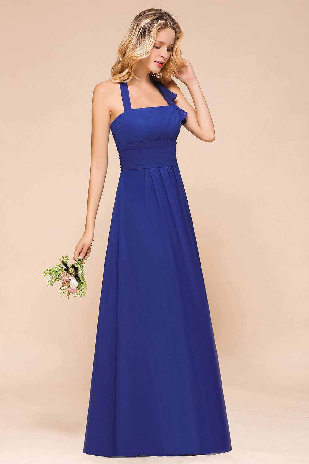 Stylish Halter Backless Royal Blue Bridesmaid Dress Affordable with Ruffle-Babyonlines