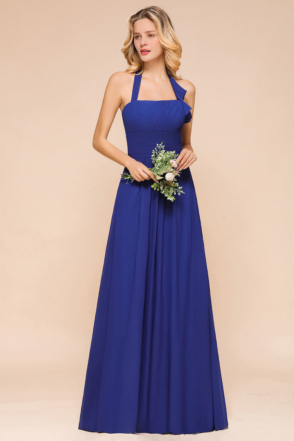 Stylish Halter Backless Royal Blue Bridesmaid Dress Affordable with Ruffle-Babyonlines