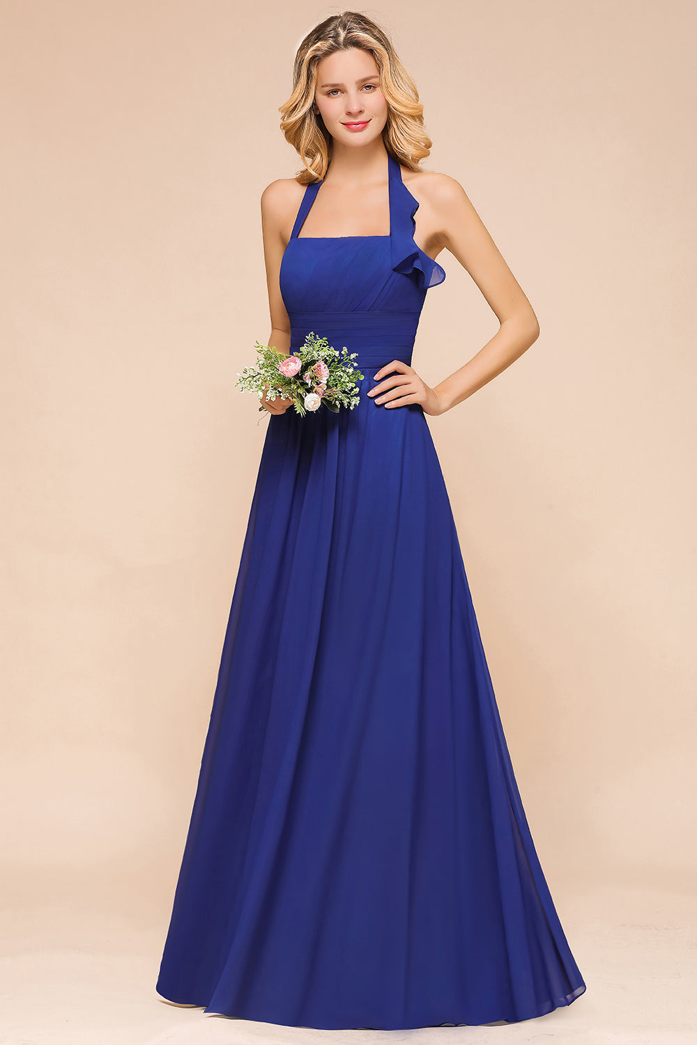 Stylish Halter Backless Royal Blue Bridesmaid Dress Affordable with Ruffle-Babyonlines