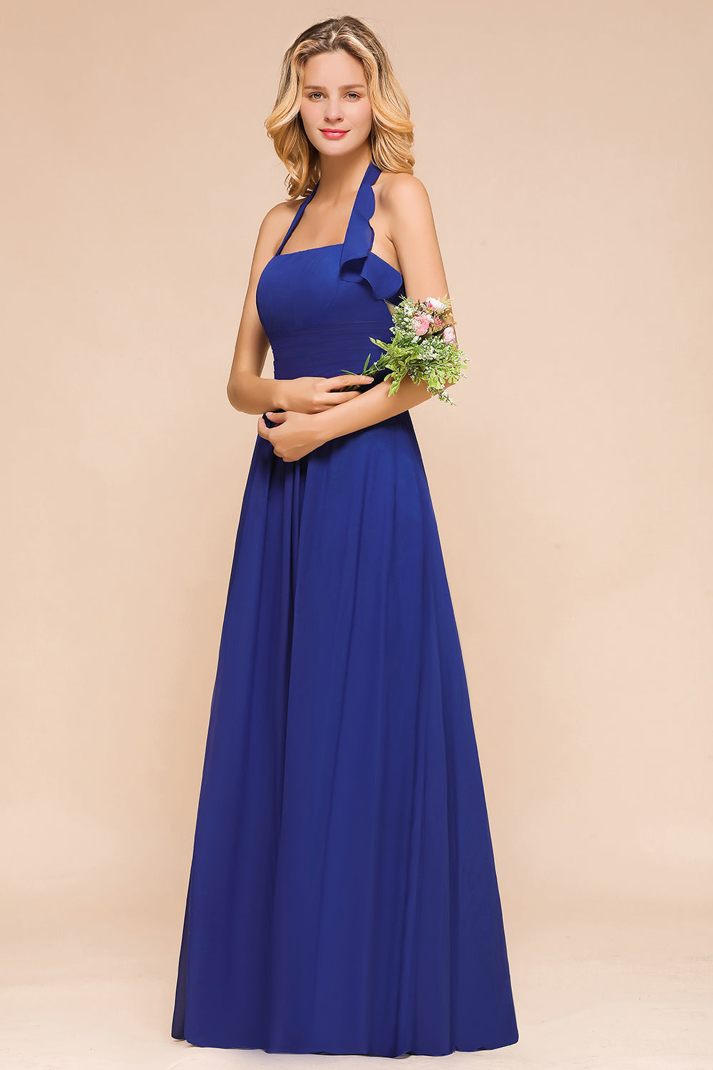 Stylish Halter Backless Royal Blue Bridesmaid Dress Affordable with Ruffle-Babyonlines