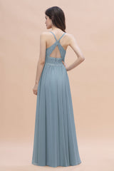 Stylish Straps V-Neck Chiffon Lace Dusty Blue Bridesmaid Dress On Sale-Babyonlines