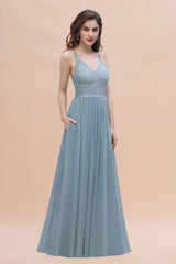 Stylish Straps V-Neck Chiffon Lace Dusty Blue Bridesmaid Dress On Sale-Babyonlines