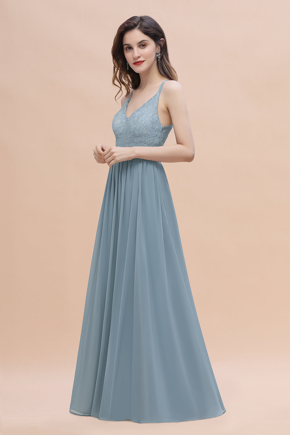 Stylish Straps V-Neck Chiffon Lace Dusty Blue Bridesmaid Dress On Sale-Babyonlines