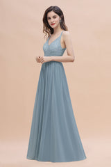 Stylish Straps V-Neck Chiffon Lace Dusty Blue Bridesmaid Dress On Sale-Babyonlines
