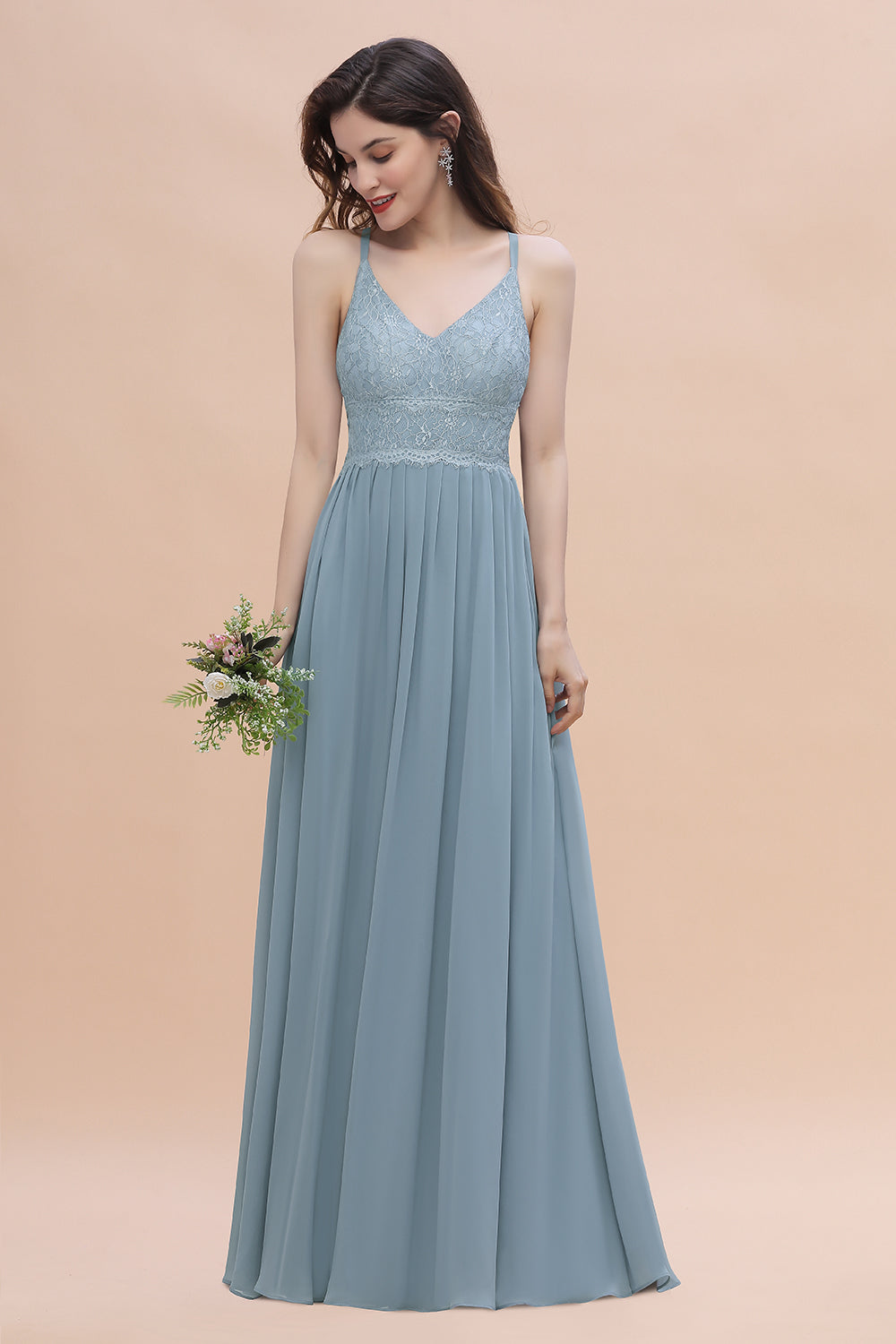 Stylish Straps V-Neck Chiffon Lace Dusty Blue Bridesmaid Dress On Sale-Babyonlines