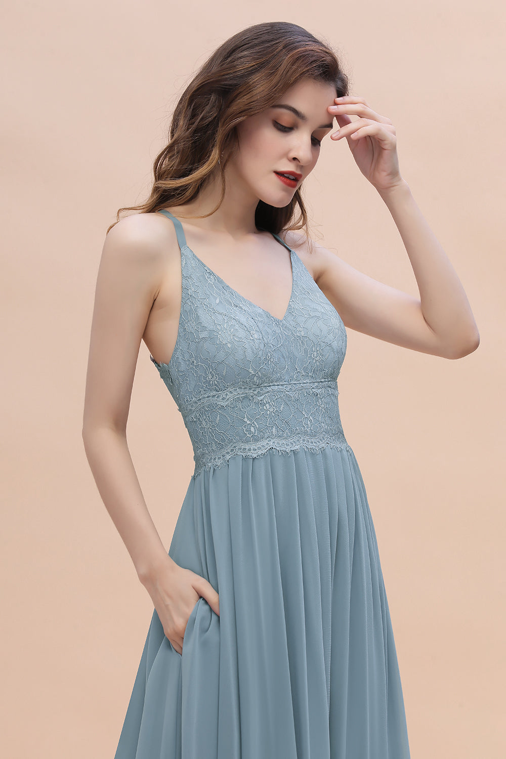 Stylish Straps V-Neck Chiffon Lace Dusty Blue Bridesmaid Dress On Sale-Babyonlines