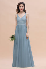 Stylish Straps V-Neck Chiffon Lace Dusty Blue Bridesmaid Dress On Sale-Babyonlines