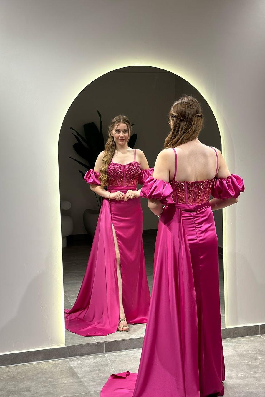 Sweetheart Long Prom Dress with Beading, High Split and Bubble Sleeves