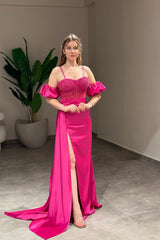 Sweetheart Long Prom Dress with Beading, High Split and Bubble Sleeves