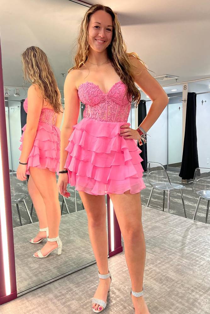 Sweetheart Royal Blue Lace Corset A-Line Tiered Short Party Dress
