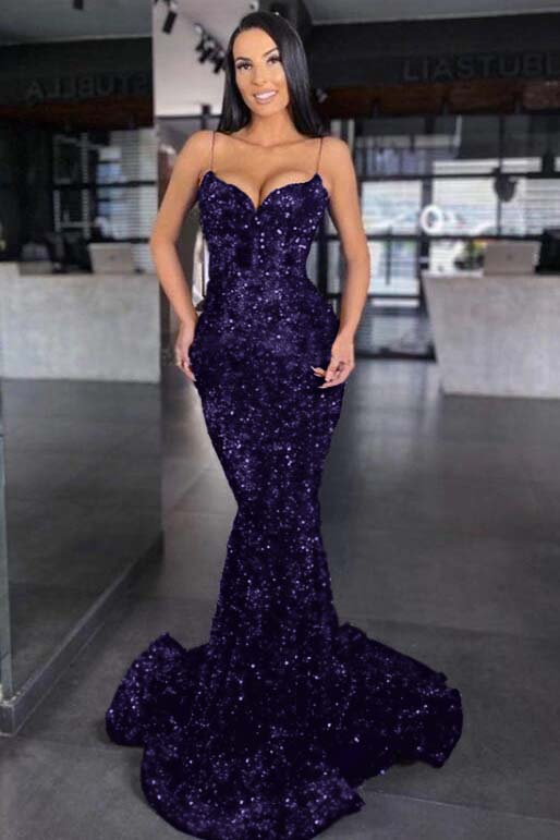 Sweetheart Spaghetti Strap Mermaid Long Prom Dress with Sequins