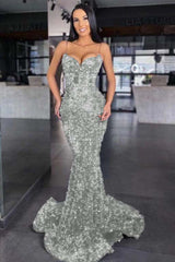 Sweetheart Spaghetti Strap Mermaid Long Prom Dress with Sequins