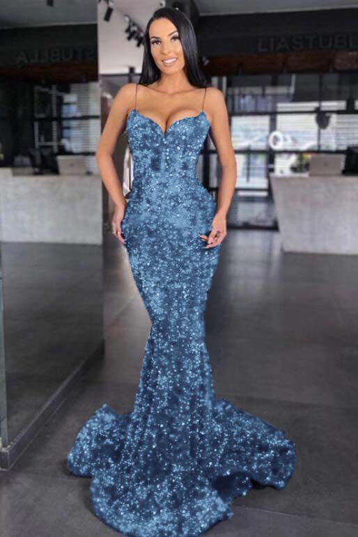 Sweetheart Spaghetti Strap Mermaid Long Prom Dress with Sequins
