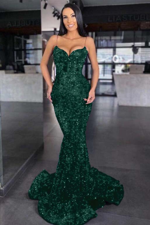 Sweetheart Spaghetti Strap Mermaid Long Prom Dress with Sequins