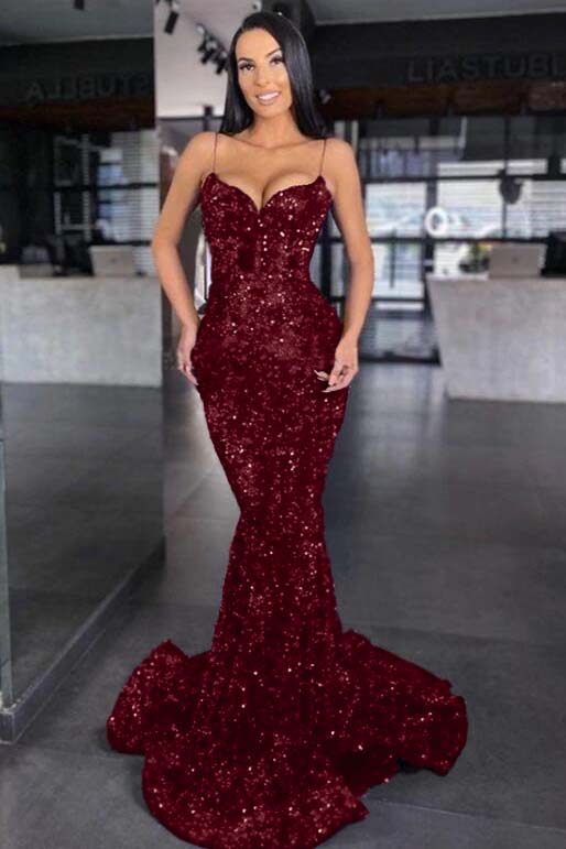 Sweetheart Spaghetti Strap Mermaid Long Prom Dress with Sequins