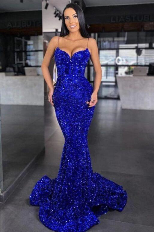 Sweetheart Spaghetti Strap Mermaid Long Prom Dress with Sequins