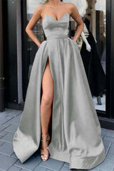 Strapless Sweetheart Long Prom Dress with Split and Pockets