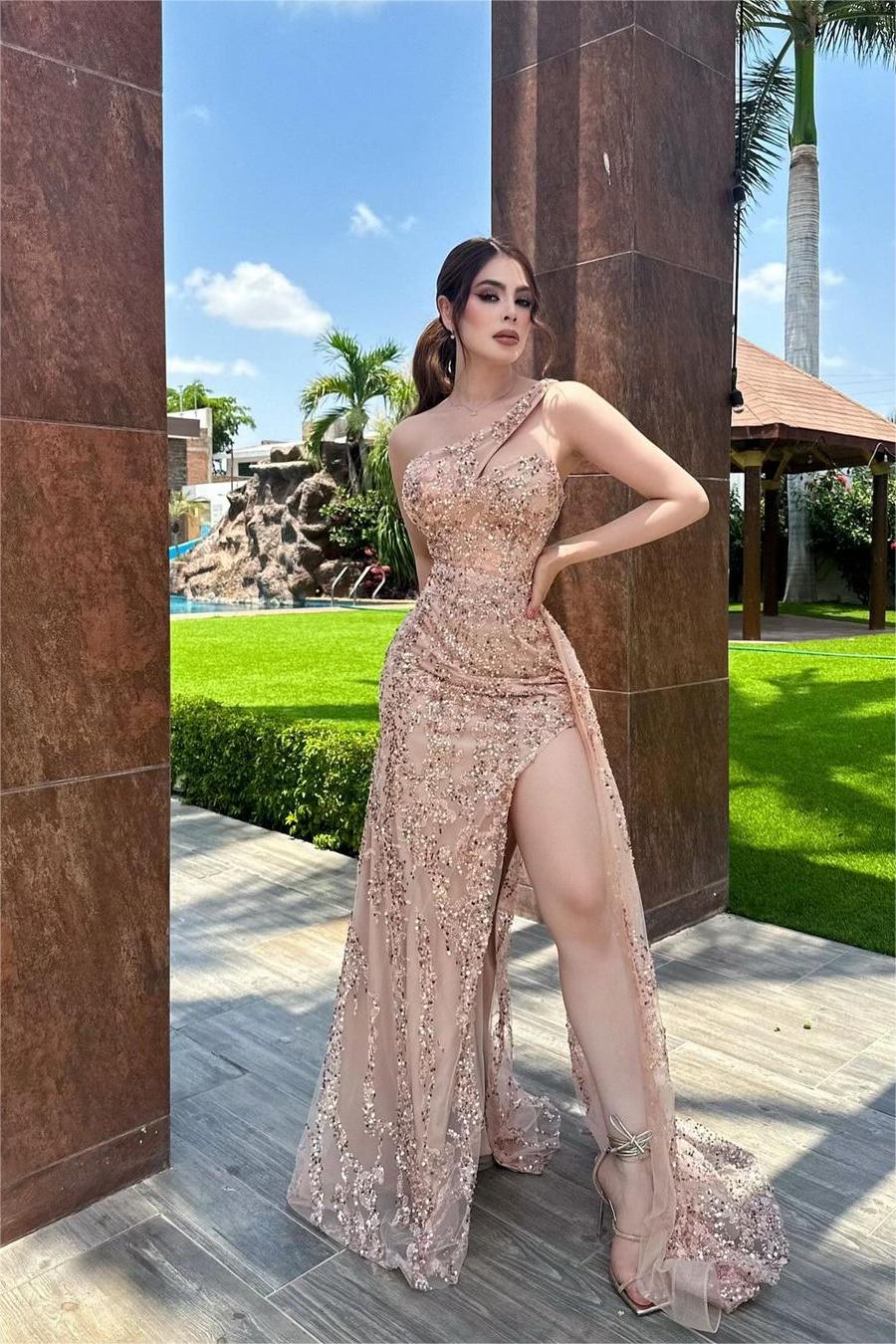 One Shoulder Long Split Prom Dress with Beading and Tulle