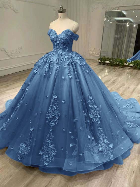 Tulle Off the Shoulder Long Prom Dress with Appliques